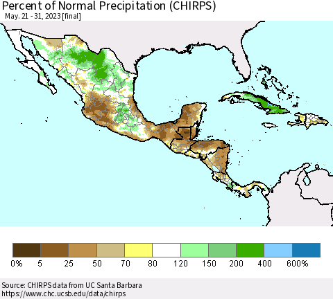 Mexico Central America and the Caribbean Percent of Normal Precipitation (CHIRPS) Thematic Map For 5/21/2023 - 5/31/2023