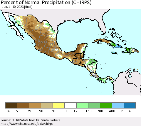 Mexico Central America and the Caribbean Percent of Normal Precipitation (CHIRPS) Thematic Map For 6/1/2023 - 6/10/2023