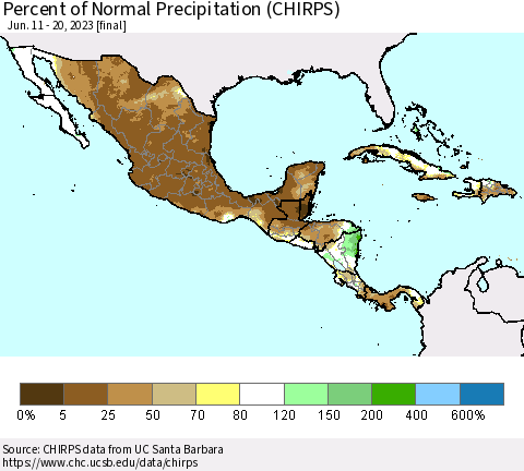 Mexico Central America and the Caribbean Percent of Normal Precipitation (CHIRPS) Thematic Map For 6/11/2023 - 6/20/2023