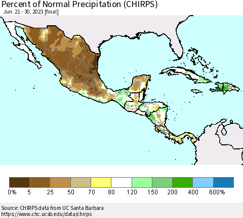 Mexico Central America and the Caribbean Percent of Normal Precipitation (CHIRPS) Thematic Map For 6/21/2023 - 6/30/2023
