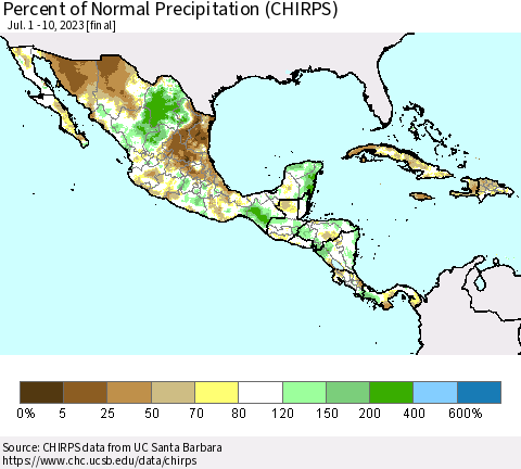 Mexico Central America and the Caribbean Percent of Normal Precipitation (CHIRPS) Thematic Map For 7/1/2023 - 7/10/2023