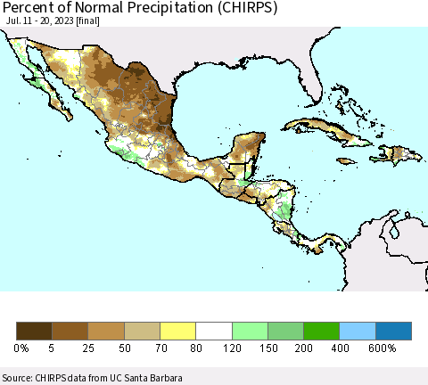 Mexico Central America and the Caribbean Percent of Normal Precipitation (CHIRPS) Thematic Map For 7/11/2023 - 7/20/2023