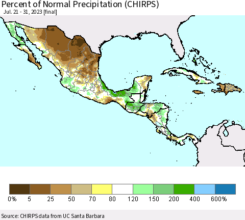 Mexico Central America and the Caribbean Percent of Normal Precipitation (CHIRPS) Thematic Map For 7/21/2023 - 7/31/2023
