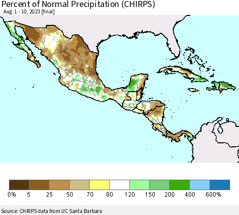 Mexico Central America and the Caribbean Percent of Normal Precipitation (CHIRPS) Thematic Map For 8/1/2023 - 8/10/2023