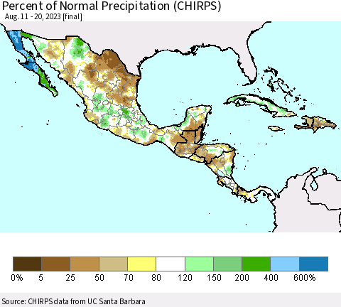 Mexico Central America and the Caribbean Percent of Normal Precipitation (CHIRPS) Thematic Map For 8/11/2023 - 8/20/2023