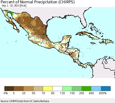 Mexico Central America and the Caribbean Percent of Normal Precipitation (CHIRPS) Thematic Map For 9/1/2023 - 9/10/2023