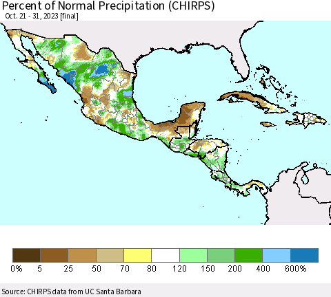 Mexico Central America and the Caribbean Percent of Normal Precipitation (CHIRPS) Thematic Map For 10/21/2023 - 10/31/2023