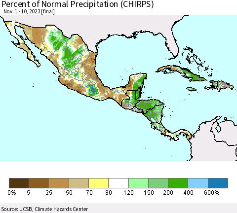 Mexico Central America and the Caribbean Percent of Normal Precipitation (CHIRPS) Thematic Map For 11/1/2023 - 11/10/2023