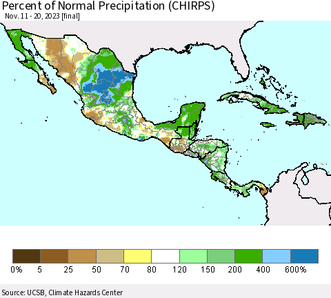 Mexico Central America and the Caribbean Percent of Normal Precipitation (CHIRPS) Thematic Map For 11/11/2023 - 11/20/2023