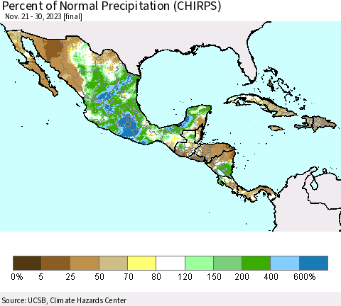 Mexico Central America and the Caribbean Percent of Normal Precipitation (CHIRPS) Thematic Map For 11/21/2023 - 11/30/2023