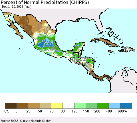 Mexico Central America and the Caribbean Percent of Normal Precipitation (CHIRPS) Thematic Map For 12/1/2023 - 12/10/2023