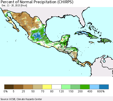 Mexico Central America and the Caribbean Percent of Normal Precipitation (CHIRPS) Thematic Map For 12/11/2023 - 12/20/2023