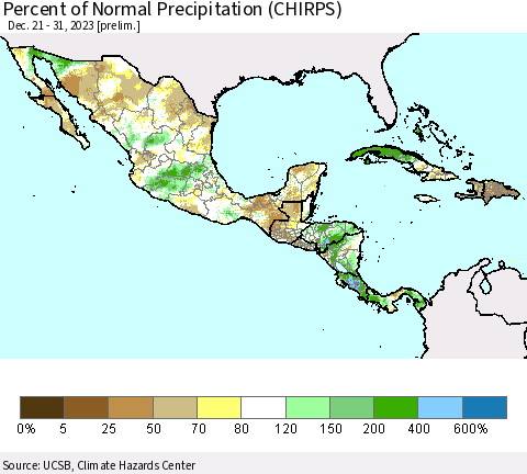 Mexico Central America and the Caribbean Percent of Normal Precipitation (CHIRPS) Thematic Map For 12/21/2023 - 12/31/2023