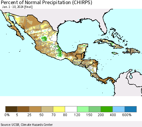 Mexico Central America and the Caribbean Percent of Normal Precipitation (CHIRPS) Thematic Map For 1/1/2024 - 1/10/2024