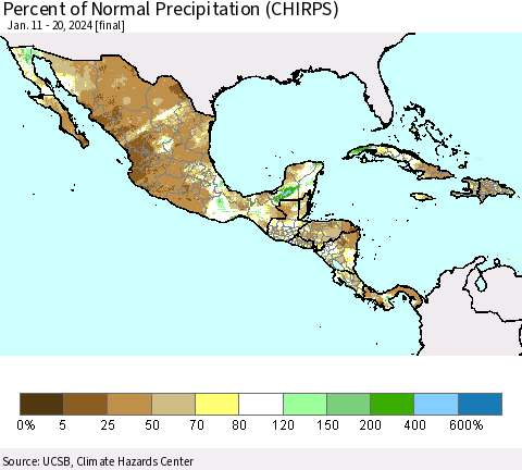 Mexico Central America and the Caribbean Percent of Normal Precipitation (CHIRPS) Thematic Map For 1/11/2024 - 1/20/2024