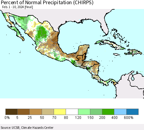 Mexico Central America and the Caribbean Percent of Normal Precipitation (CHIRPS) Thematic Map For 2/1/2024 - 2/10/2024