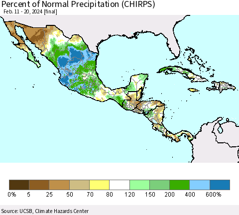 Mexico Central America and the Caribbean Percent of Normal Precipitation (CHIRPS) Thematic Map For 2/11/2024 - 2/20/2024
