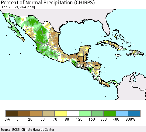Mexico Central America and the Caribbean Percent of Normal Precipitation (CHIRPS) Thematic Map For 2/21/2024 - 2/29/2024