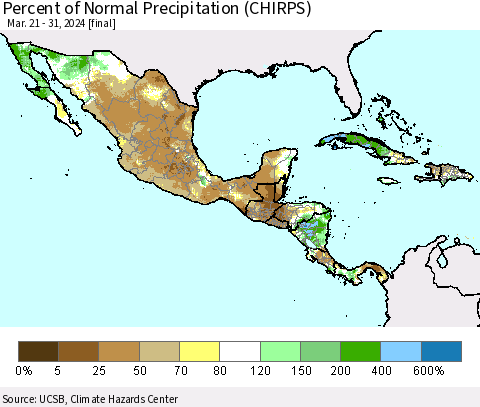 Mexico Central America and the Caribbean Percent of Normal Precipitation (CHIRPS) Thematic Map For 3/21/2024 - 3/31/2024