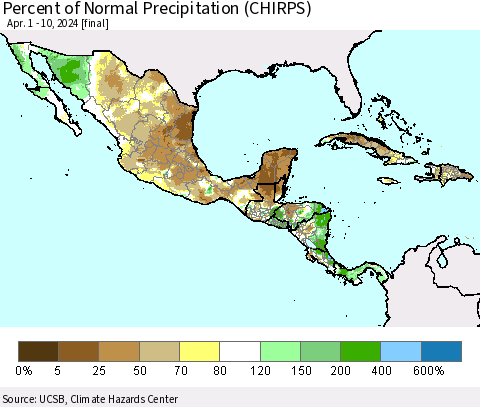 Mexico Central America and the Caribbean Percent of Normal Precipitation (CHIRPS) Thematic Map For 4/1/2024 - 4/10/2024