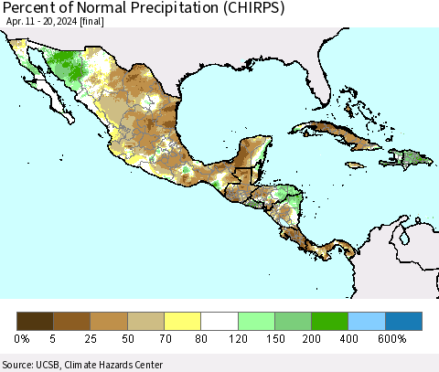 Mexico Central America and the Caribbean Percent of Normal Precipitation (CHIRPS) Thematic Map For 4/11/2024 - 4/20/2024