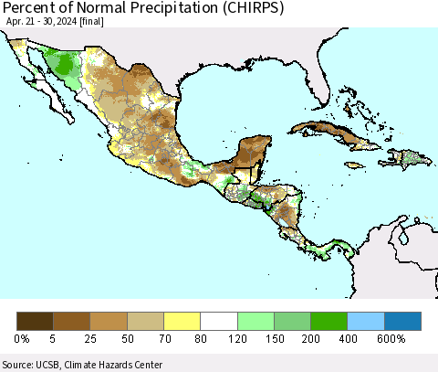 Mexico Central America and the Caribbean Percent of Normal Precipitation (CHIRPS) Thematic Map For 4/21/2024 - 4/30/2024