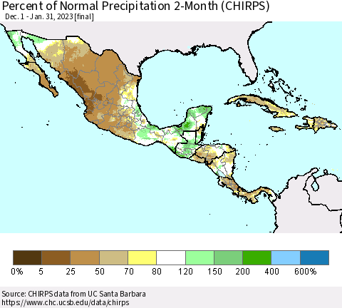Mexico Central America and the Caribbean Percent of Normal Precipitation 2-Month (CHIRPS) Thematic Map For 12/1/2022 - 1/31/2023