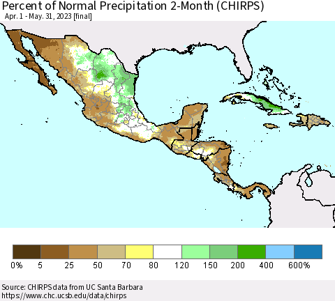Mexico Central America and the Caribbean Percent of Normal Precipitation 2-Month (CHIRPS) Thematic Map For 4/1/2023 - 5/31/2023
