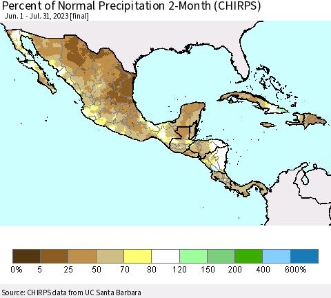 Mexico Central America and the Caribbean Percent of Normal Precipitation 2-Month (CHIRPS) Thematic Map For 6/1/2023 - 7/31/2023