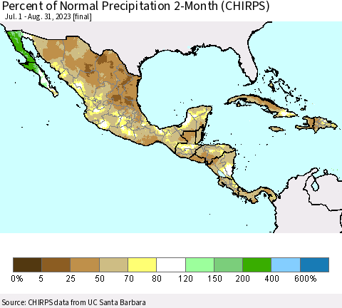 Mexico Central America and the Caribbean Percent of Normal Precipitation 2-Month (CHIRPS) Thematic Map For 7/1/2023 - 8/31/2023