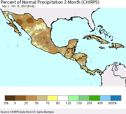 Mexico Central America and the Caribbean Percent of Normal Precipitation 2-Month (CHIRPS) Thematic Map For 9/1/2023 - 10/31/2023