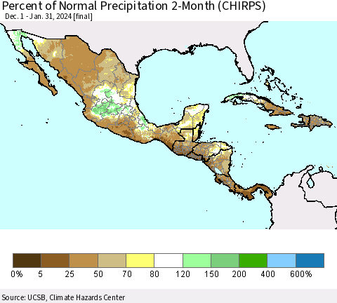 Mexico Central America and the Caribbean Percent of Normal Precipitation 2-Month (CHIRPS) Thematic Map For 12/1/2023 - 1/31/2024