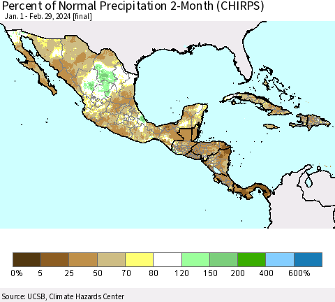 Mexico Central America and the Caribbean Percent of Normal Precipitation 2-Month (CHIRPS) Thematic Map For 1/1/2024 - 2/29/2024