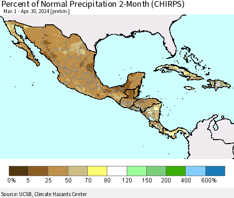 Mexico Central America and the Caribbean Percent of Normal Precipitation 2-Month (CHIRPS) Thematic Map For 3/1/2024 - 4/30/2024