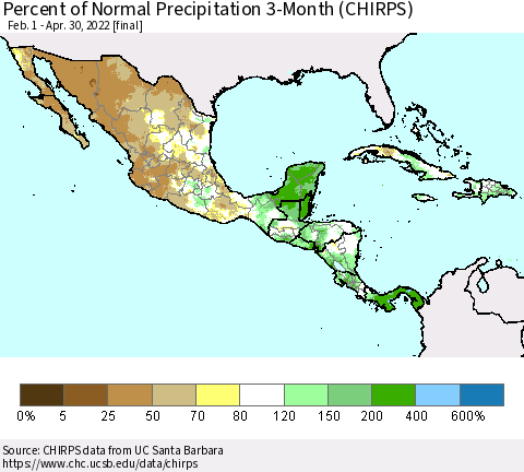 Mexico Central America and the Caribbean Percent of Normal Precipitation 3-Month (CHIRPS) Thematic Map For 2/1/2022 - 4/30/2022