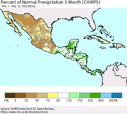 Mexico Central America and the Caribbean Percent of Normal Precipitation 3-Month (CHIRPS) Thematic Map For 3/1/2022 - 5/31/2022