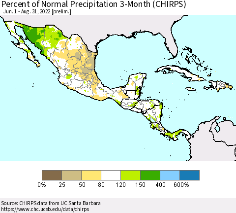 Mexico Central America and the Caribbean Percent of Normal Precipitation 3-Month (CHIRPS) Thematic Map For 6/1/2022 - 8/31/2022