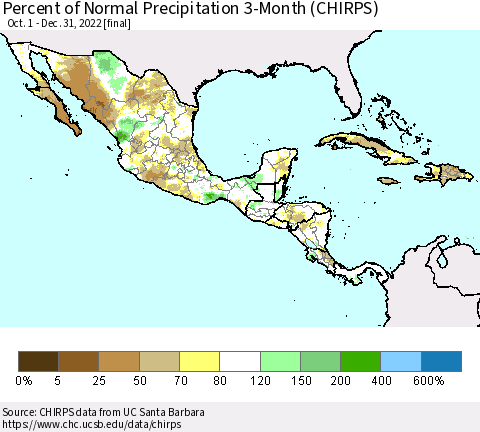 Mexico Central America and the Caribbean Percent of Normal Precipitation 3-Month (CHIRPS) Thematic Map For 10/1/2022 - 12/31/2022