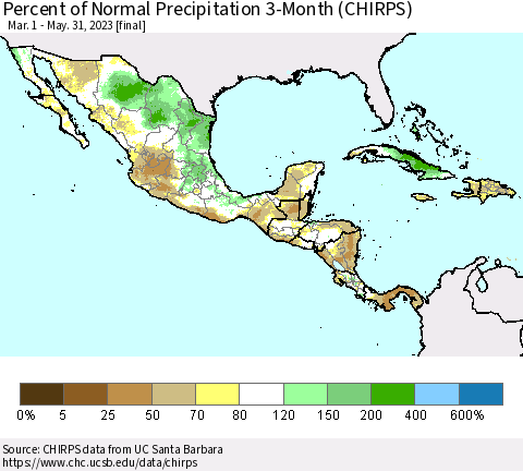 Mexico Central America and the Caribbean Percent of Normal Precipitation 3-Month (CHIRPS) Thematic Map For 3/1/2023 - 5/31/2023