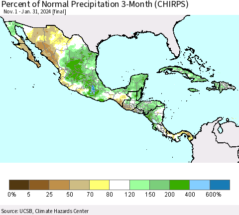 Mexico Central America and the Caribbean Percent of Normal Precipitation 3-Month (CHIRPS) Thematic Map For 11/1/2023 - 1/31/2024