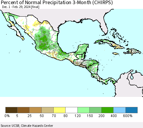 Mexico Central America and the Caribbean Percent of Normal Precipitation 3-Month (CHIRPS) Thematic Map For 12/1/2023 - 2/29/2024