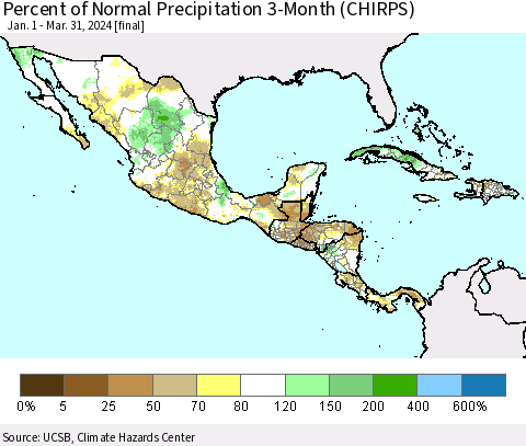 Mexico Central America and the Caribbean Percent of Normal Precipitation 3-Month (CHIRPS) Thematic Map For 1/1/2024 - 3/31/2024