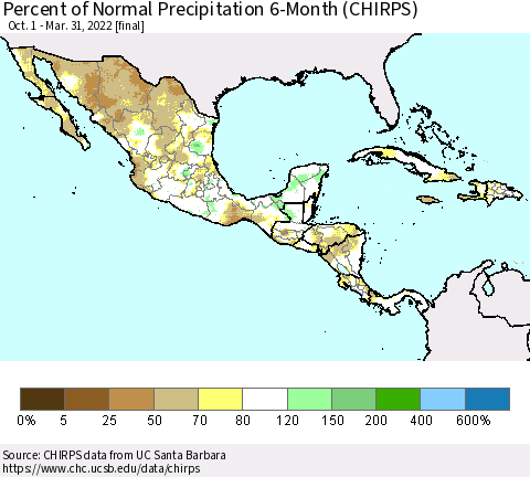 Mexico Central America and the Caribbean Percent of Normal Precipitation 6-Month (CHIRPS) Thematic Map For 10/1/2021 - 3/31/2022