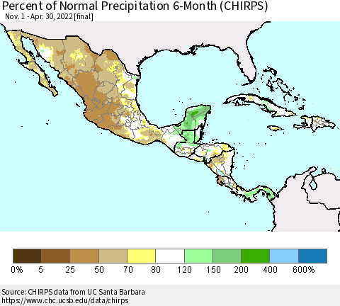 Mexico Central America and the Caribbean Percent of Normal Precipitation 6-Month (CHIRPS) Thematic Map For 11/1/2021 - 4/30/2022