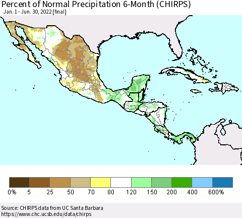 Mexico Central America and the Caribbean Percent of Normal Precipitation 6-Month (CHIRPS) Thematic Map For 1/1/2022 - 6/30/2022