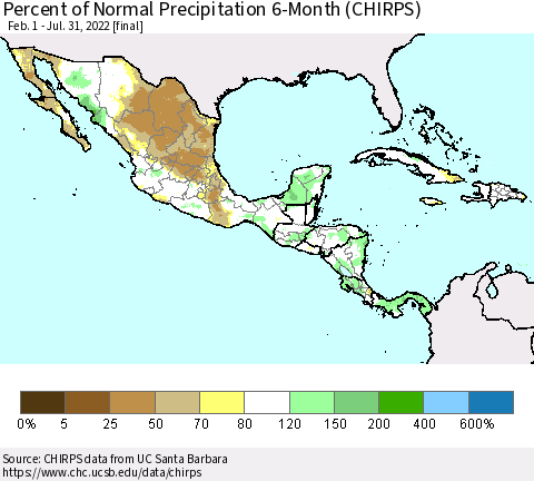 Mexico Central America and the Caribbean Percent of Normal Precipitation 6-Month (CHIRPS) Thematic Map For 2/1/2022 - 7/31/2022
