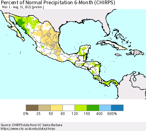 Mexico Central America and the Caribbean Percent of Normal Precipitation 6-Month (CHIRPS) Thematic Map For 3/1/2022 - 8/31/2022