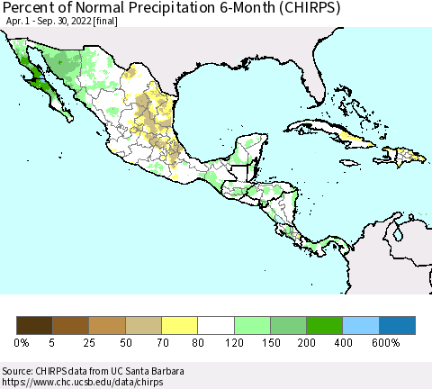 Mexico Central America and the Caribbean Percent of Normal Precipitation 6-Month (CHIRPS) Thematic Map For 4/1/2022 - 9/30/2022