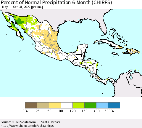 Mexico Central America and the Caribbean Percent of Normal Precipitation 6-Month (CHIRPS) Thematic Map For 5/1/2022 - 10/31/2022