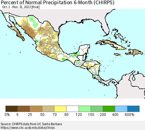 Mexico Central America and the Caribbean Percent of Normal Precipitation 6-Month (CHIRPS) Thematic Map For 10/1/2022 - 3/31/2023